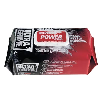 UltraGrime PRO POWER SCRUB wipes pakke med 80 stk. med teksten "Bigger. Wetter. Stronger." på en sort og rød baggrund.