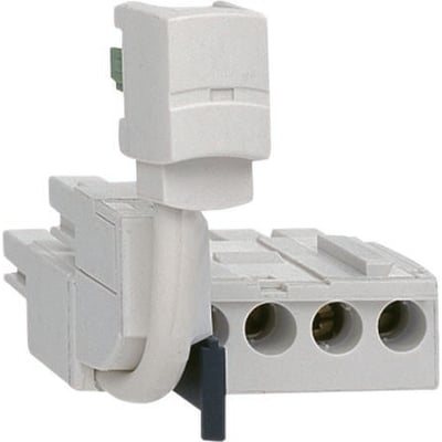 Schneider Electric LU2B klemmeblok til TeSys U motorstarter, viser den kompakte hvide enhed med tilslutningspunkter og en foldbar arm.