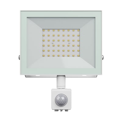 SpectrumLED 50 W LED-projektør med PIR-sensor i hvid, set forfra med LED-felt og sensor under lampen.