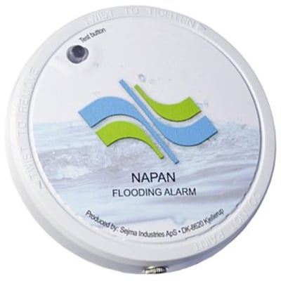 Nærbillede af den runde Napan alarmenhed til højvandslukke med tydelig logo, testknap og instruktioner til montering.