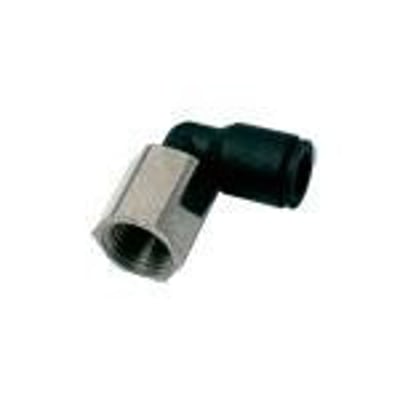 Parker Legris vinkel i teknisk polymer med 8mm slangediameter og 1/8" indvendigt gevind på hvid baggrund.