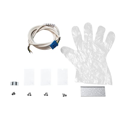 SG Armaturen Lineal Surface Start Kit DALI hvid, viser diverse tilbehør såsom kabel, monteringsbeslag, skruer og engangshandske.