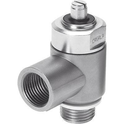 Festo drøvle-kontraventil CRGRLA-1/2-B i metal med hungevind og slidskrue på hvid baggrund.
