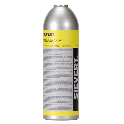 Sievert Ultramapp gasdåse i aluminium med gul og grå etiket vist fra siden med udførlig tekst på flere sprog.