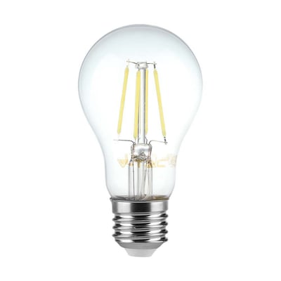 V-TAC E27 LED-filamentpære i A70-form med klart glas, synlige filamenter og sølvfarvet skruefatning.