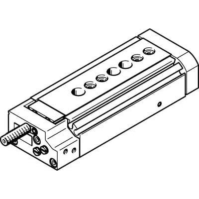Festo minislæde DGSL-10-30-Y3A med kugleføring, 30mm slaglængde og hydrauliske støddæmpere, vist i teknisk tegning.
