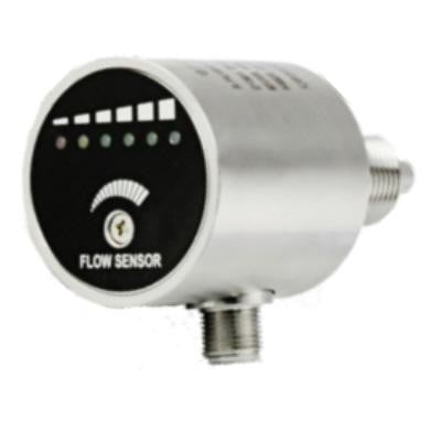 Termisk flowswitch type BL-FRC med G1/2" udvendigt gevind i rustfrit stål, viser en visuel flowindikator med lysdioder og segmenter.
