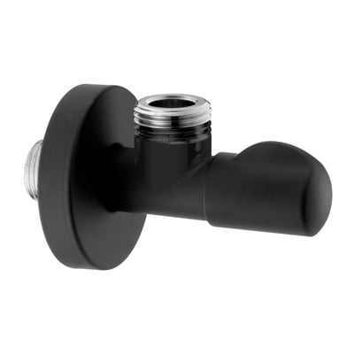 Stopventil i matsort finish med 1/2" rørgevind og 3/8" udløbstilslutning, præsenteret på hvid baggrund.