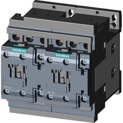 Siemens SIRIUS 3RT20 reversibel kontaktorkombination til 5.5KW 110VAC, 3-polet med skrueterminaler og grå kabinet.