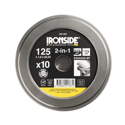 Rund metalemballage med mærkat til Ironside 2-in-1 skæreskive, 125 x 1,0 mm, til stål og rustfrit stål.
