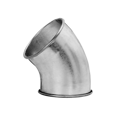 Sidevisning af Lindab Transfer pres bøjning BTR 160.45, fremhæver dens metalfinish og 160mm rørdimension.