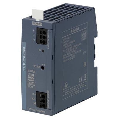 Siemens SITOP PSU6200 strømforsyning i mørkeblå med tydelig mærkning af input- og outputterminaler samt produktinformation.