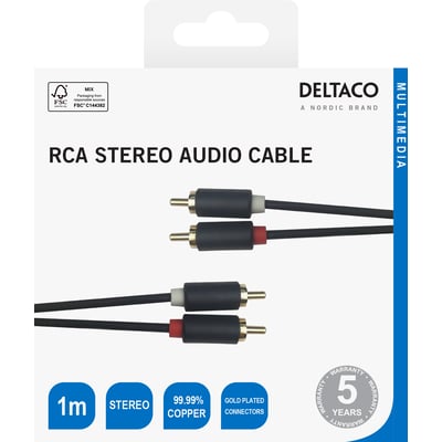Deltaco 2x RCA-audiokabel på emballage, sort og 1 meter lang med guldbelagte stik i rød og hvid.