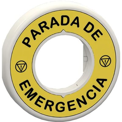 Schneider Electric nødstopskilt med "PARADA DE EMERGENCIA" tekst og advarselssymbol i gul og hvid med LED-belysning.