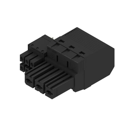 Weidmüller hybrid connector til print med tre poler og PUSH IN-aktuatorer, set skråt forfra i sort.