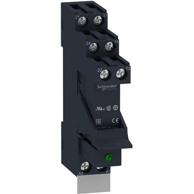 Schneider Electric Zelio RSB relæ med sokkel, 2C/O 8A 230VAC og grøn LED indikator, kompakt 16mm design.