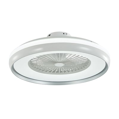 V-TAC 45W loftventilator med lys i grå og hvid, vist forfra med ventilatorbladene centreret.