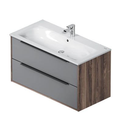 AM.PM Flash møbelpakke i grå med mat overflade, 100 cm bredde, viser to skuffer og integreret håndvask med armatur.