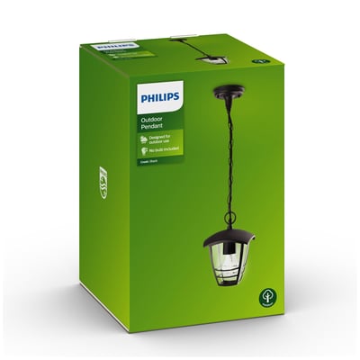 Philips Creek udendørs pendellampe i sort aluminium, vist på grøn emballage med produktillustration og E27 fatning.