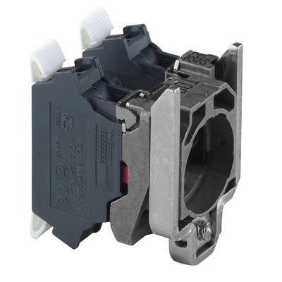 Schneider Electric ZB4 kontaktelement med 2NC fjeder, set fra siden med fokus på push-in klemmer og metalmontering.