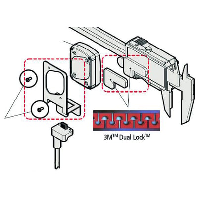 Illustration af 02AZE200 Digimatic USB tilslutning, viser holder til U-WAVE T med bæreplade, fastgørelsespuder, skruer og 3M Dual Lock detaljer.
