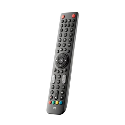 One For All URC 1921 erstatningsfjernbetjening til Sharp TV, vist i en let vinkel for at vise dens design og knaplayout.