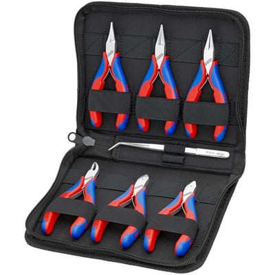 Knipex 7-delt elektroniktangsæt i et lukket sort etui, med synlige kanter af værktøjet indenfor.