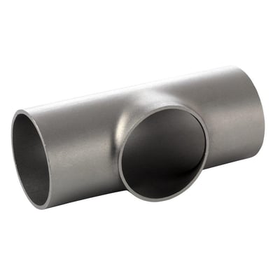 Svejset T-stykke i rustfrit stål med kort gren og en udvendig diameter på 104 mm. Passer til drikkevandsinstallationer.