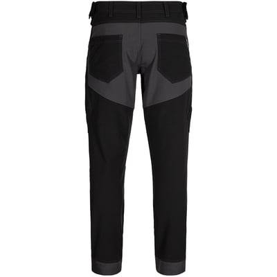 Engel X-treme arbejdsbukser i sort full stretch, størrelse 88, set bagfra med baglommer og kontrastpaneler.
