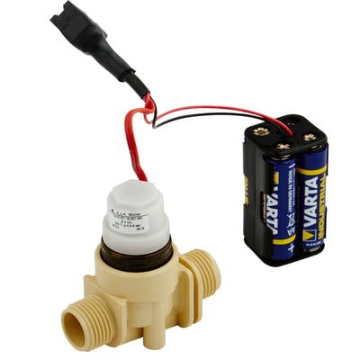 Broen EL magnetventil på 6 V med beige ventilhus, synlige ledninger og sort batteriholder.