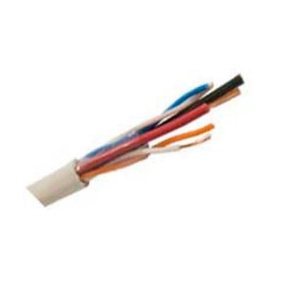 Alarmkabel FLQQBR, hvid, med isolerede ledere i farverne blå, rød, orange, hvid, sort og brun på hvid baggrund.