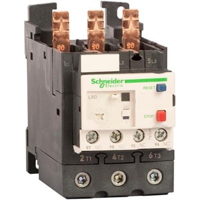 Detaljeret frontvisning af Schneider Electric TeSys D termorelæ LRD340, der viser indstillingsskalaen og betjeningsknapper.