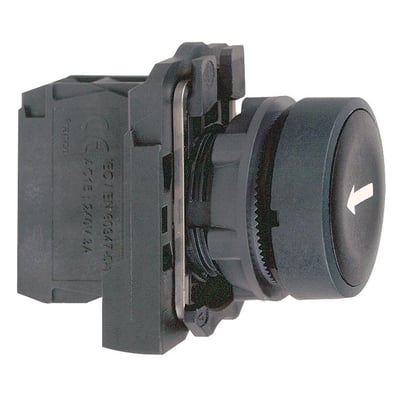 Sideprofil af Schneider Electric Harmony Style 5 trykknap i sort med hvid pil, 22mm diameter og 1NO kontakt.