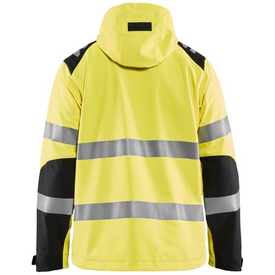 Blåkläder Workwear high vis softshell jakke, gul/sort, størrelse L, vist bagfra med reflekser og justerbar hætte.