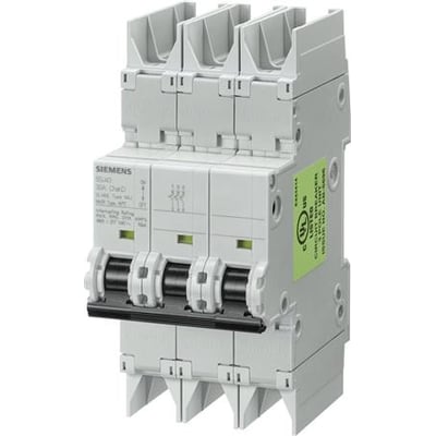 Siemens SENTRON 5SJ4 automatsikring med tre poler, vist forfra og fra siden med grå kabinet og betjeningsgreb.