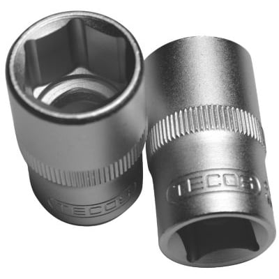 Tecos top 1/2" i 34 mm, fremstillet af metal med 6-kantet indgang og rillet greb. Toppen vises på hvid baggrund.