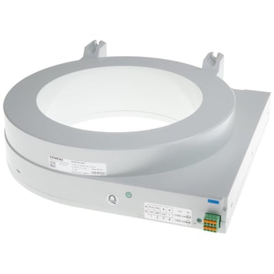 Siemens Summationsstrømtransfo type B, 210mm, 300mA-10A, set fra siden med mærkatdetaljer og terminaler.