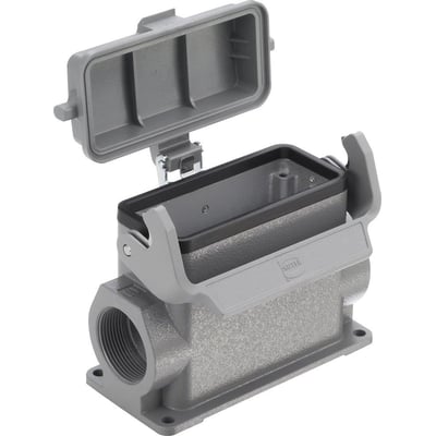 Harting sokkelhus med låg, 2xM20, 16A, set tættere på med fokus på den lukkede låsemekanisme og Harting logoet.