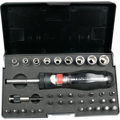 Tecos 1/4" T-B035 topnøglesæt med skraldeskruetrækker og 35 dele bits i sort plastkuffert.
