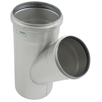 Detaljeret billede af BLÜCHER 45° grenrør i rustfrit stål med tydelig svejsning og gummipakning til 250mm og 200mm dimensioner.