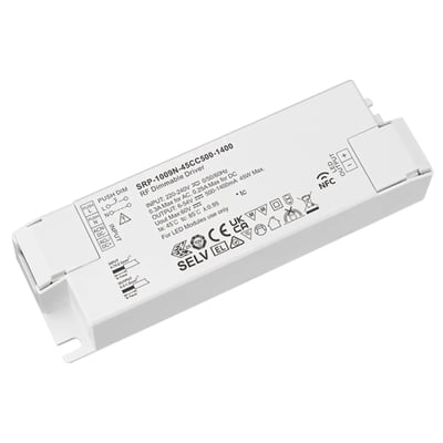 Hvid Envilar LED-paneldriver på 45 W med NFC og dæmpning, vist skråt oppefra med mærkning og tilslutningsdæksler.