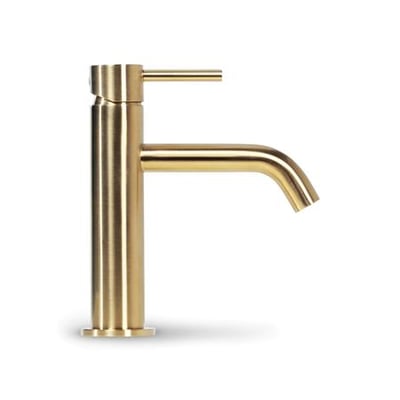 Elegant håndvaskarmatur i børstet guld med en total højde på 173,1 mm og et tud fremspring på 122,5 mm.