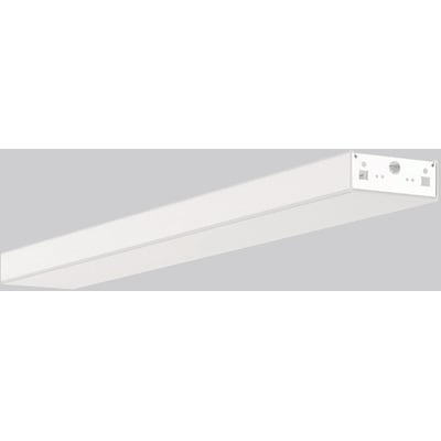 Hvidt lineært RZB Lumara-armatur med 31/43 W, set skråt nedefra med tilslutninger synlige i enden.