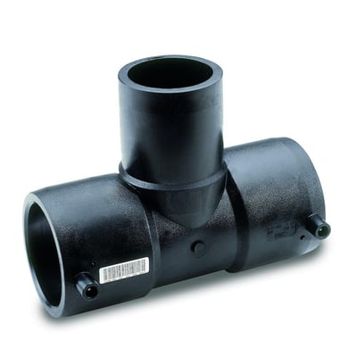 Sort el-tee til rør med dimensioner på 160 mm og en 90 graders vinkel, standard SDR11, på hvid baggrund.