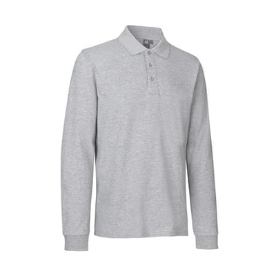 ID Identity poloshirt til mænd i grå melange, størrelse L, med lange ærmer og tone i tone knapper.