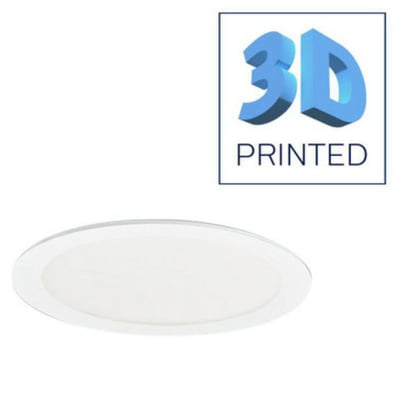 GreenSpace Downlight DN472B, en 3D-printet hvid indbygningsspot med opal skærm, 2000 lm og 3000K, med "3D PRINTED" logo i øverste højre hjørne.