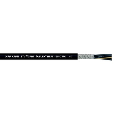 Lapp OLFLEX HEAT 125 C MC kabel med 4X2,5 mm² ledere og CE-mærkning, der viser flettede skærm og farvekodede ledere.