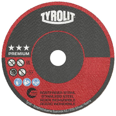 Tyrolit PREMIUM lige skæreskive, 50 × 1 × 6 mm, med rød og sort overflade og centralt hul til skæring i rustfrit stål.