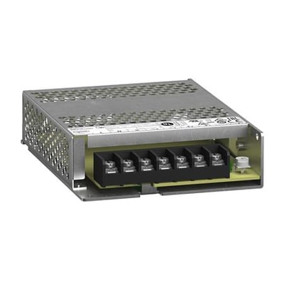 Schneider Electric Modicon ABLP strømforsyning til panelmontering med 12V, 8,5A udgang og 6 terminaler på en sort blok.