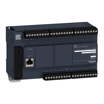 Schneider Electric Modicon M221 PLC med 24 digitale indgange, 2 analoge indgange og 16 PNP transistor digitale udgange, 24V.